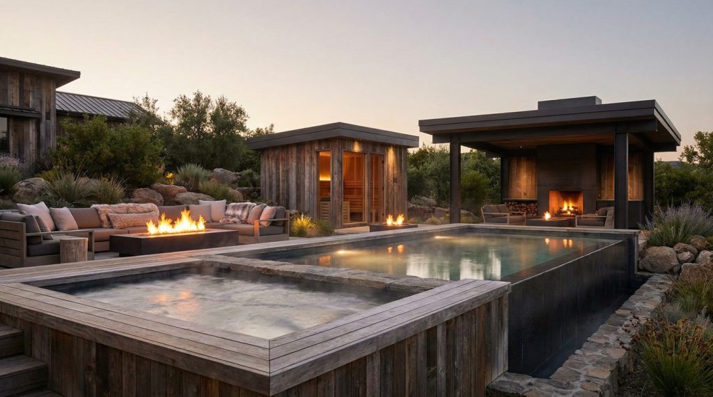 Terrasse aus elegantem Holz, mit Pool, Outdoorküche, Whirlpool und Outdoorsauna in abendlichem Licht und Feuerstelle. vor den luxuriösen Outdoormöbeln.