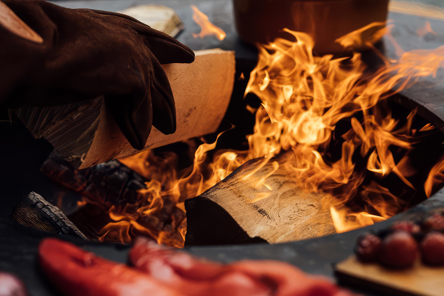 Offenes Feuer in einem Grill. Jemand legt einen Scheit Zedernholz nach